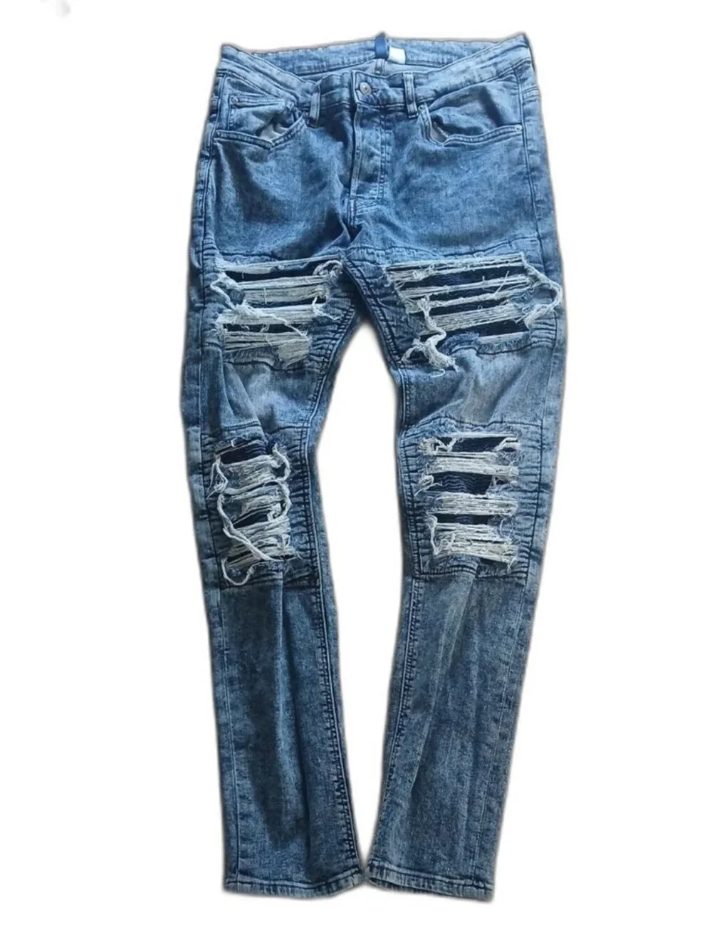H&M Divided Men’s Skinny Biker Moto Jeans Top Stitch Horizontal Rips Size 33